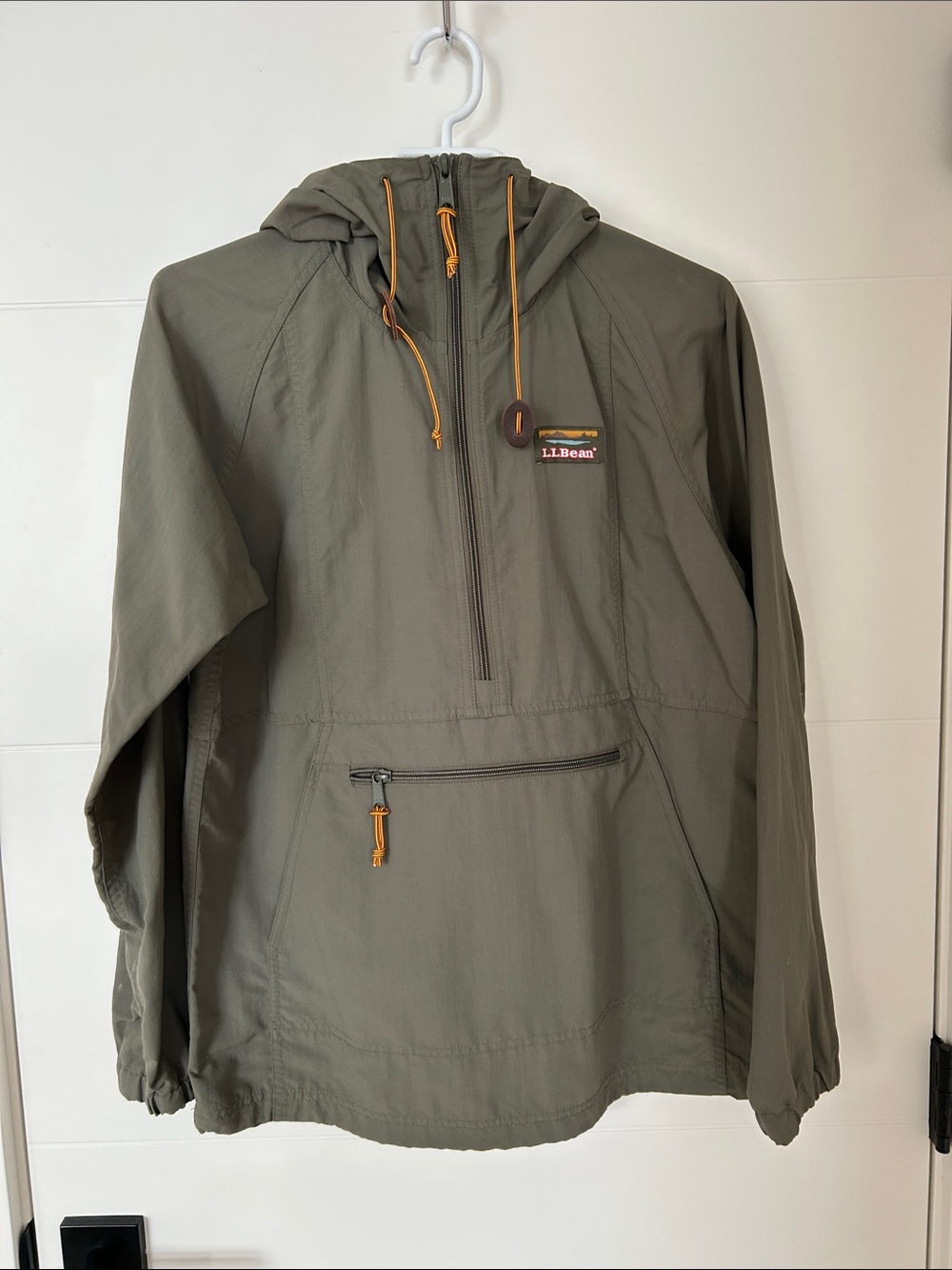 L.L. Bean Olive Hooded Windbreaker with Mustard Accents